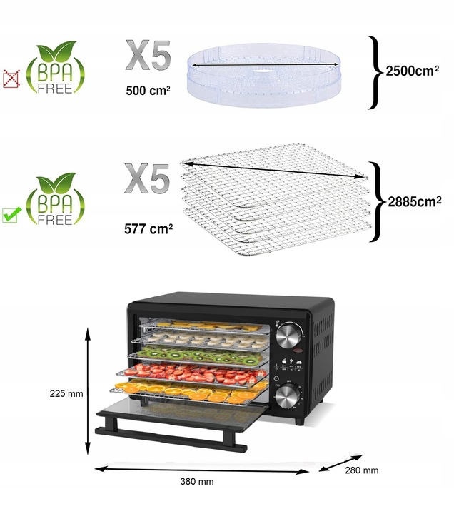 SUSZARKA SPOŻYWCZA DO GRZYBÓW OWOCÓW DEHYDRATOR 14L 5 SZT BPA FREE