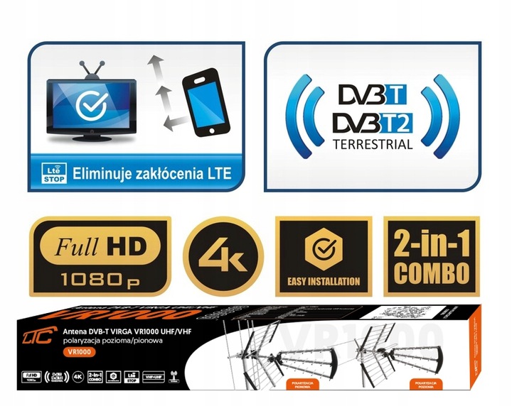 MOCNA ANTENA PASYWNA 4K 2w1 KIERUNKOWA DVB-T2 DIPOL FILTR LTE MUX 1-8 120KM