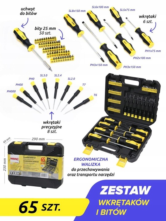 ZESTAW ŚRUBOKRĘTÓW WKRĘTAKÓW BITÓW 65SZT WALIZKA
