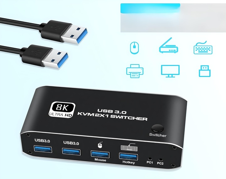 Przełącznik KVM HDMI 2.1 Konsola Switch 4K 120Hz 8K 2 4xUSB 3.0 2xPC 1Ekran