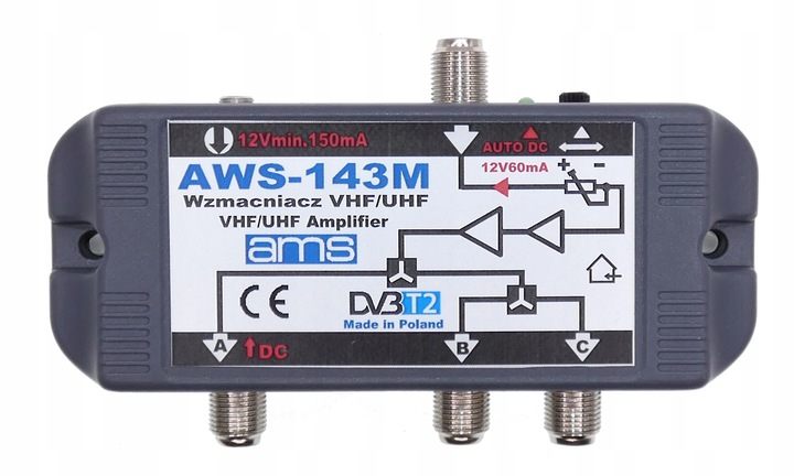 Wzmacniacz antenowy DVB-T2 budynkowy do 3 TV AWS-143M + zasilacz AMS