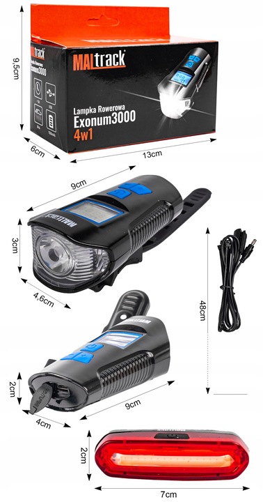 LAMPKA ROWEROWA AKUMULATOROWA LICZNIK KLAKSON PRZÓD TYŁ NA ROWER KABEL USB