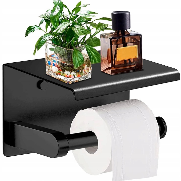 UCHWYT NA PAPIER TOALETOWY Z PÓŁKĄ CZARNY WIESZAK STALOWY ŁAZIENKA DOM WC