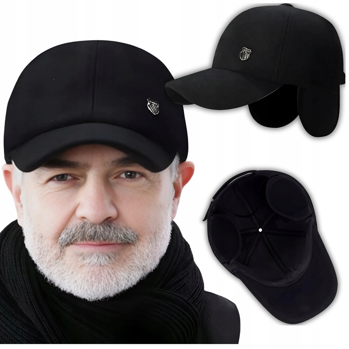 CIEPŁA CZAPKA ZIMOWA MĘSKA Z DASZKIEM SOLIDNA CHOWANE NAUSZNIKI NA