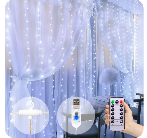 KURTYNA ŚWIETLNA kurtyna LED 2x2 m 200 LED USB pilot+ haczyki BIAŁY ZIMNY