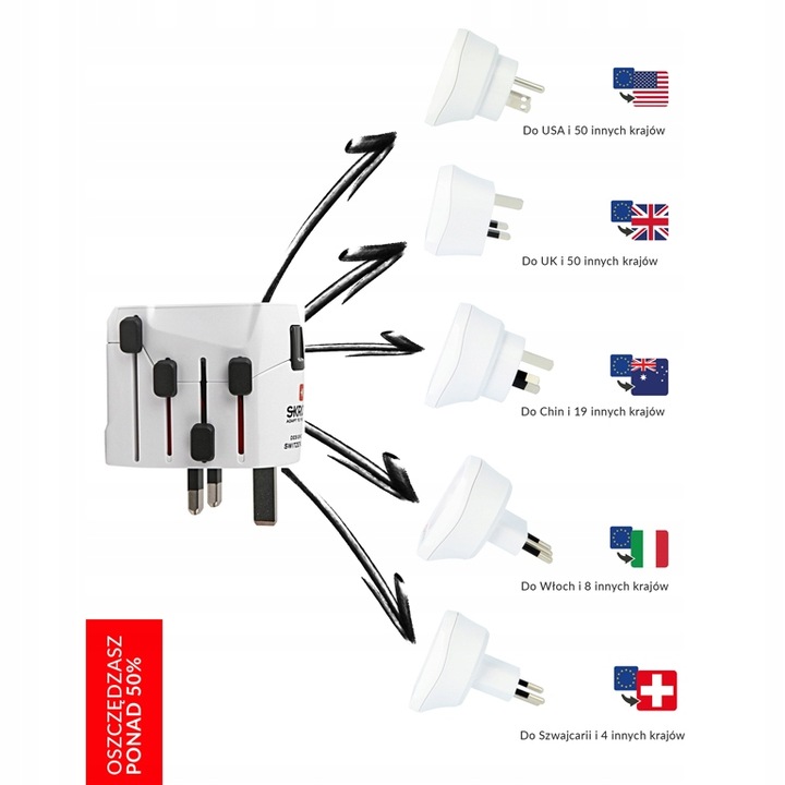 Adapter Podróżny SKROSS PRO 6in1 do 120 krajów UK, USA,Chiny, IT,CH,