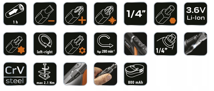 NEO WKRĘTAK ŚRUBOKRĘT AKUMULATOROWY MICRO-USB 3,6V + BITY TORX WKRĘTARKA