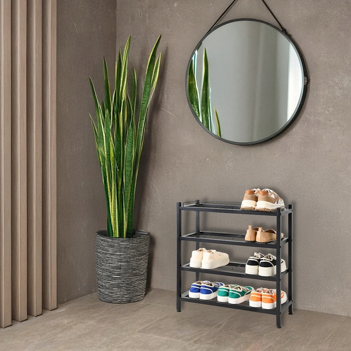 SZAFKA NA BUTY STOJAK METALOWY CZARNY 4 PÓŁKI ORGANIZER REGAŁ LOFTOWY