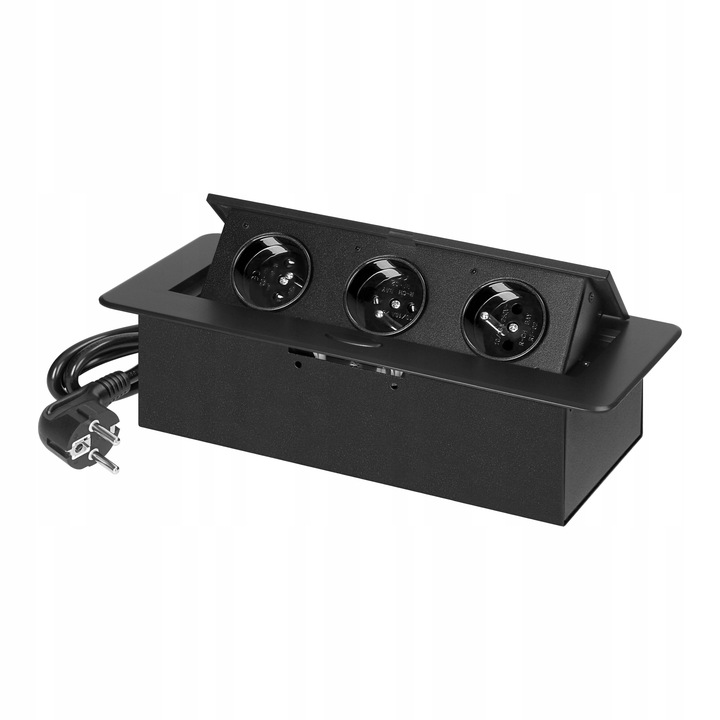 gniazdo wpuszczane chowane w blat potrójne stalowe czarne gniazdo