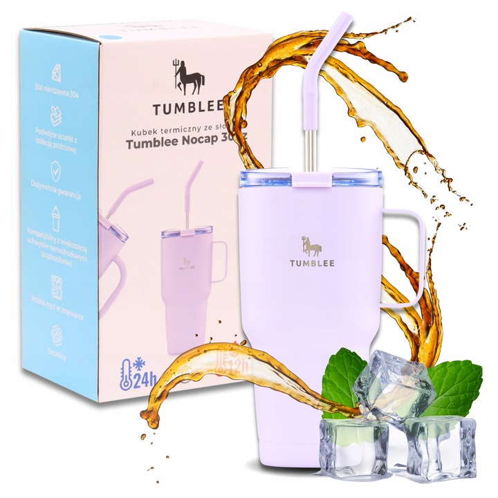 MOCNY Kubek Termiczny ze Stalową Słomką i Uchwytem na Kawę Herbatę 900ml