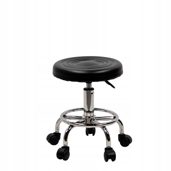 TABORET KRZESŁO STOŁEK Z KÓŁKAMI RONI CZARNY PODSTAWA CHROM SKÓRA PU