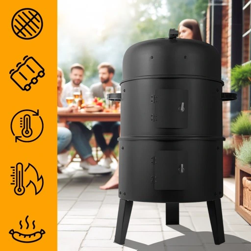 GRILL OGRODOWY WĘGLOWY WĘDZARNIA PALENISKO TERMOMETR OKRĄGŁY PRZENOŚNY 3W1