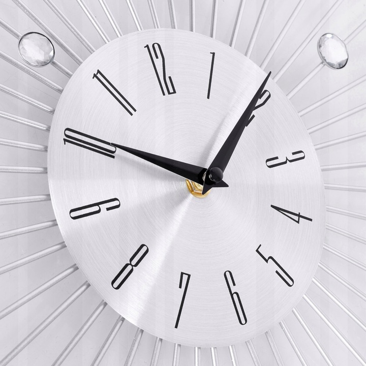 ZEGAR ŚCIENNY KRYSZTAŁKI SREBRNY SŁOŃCE DUŻY STYLOWY NA ŚCIANĘ CRISTAL 50cm