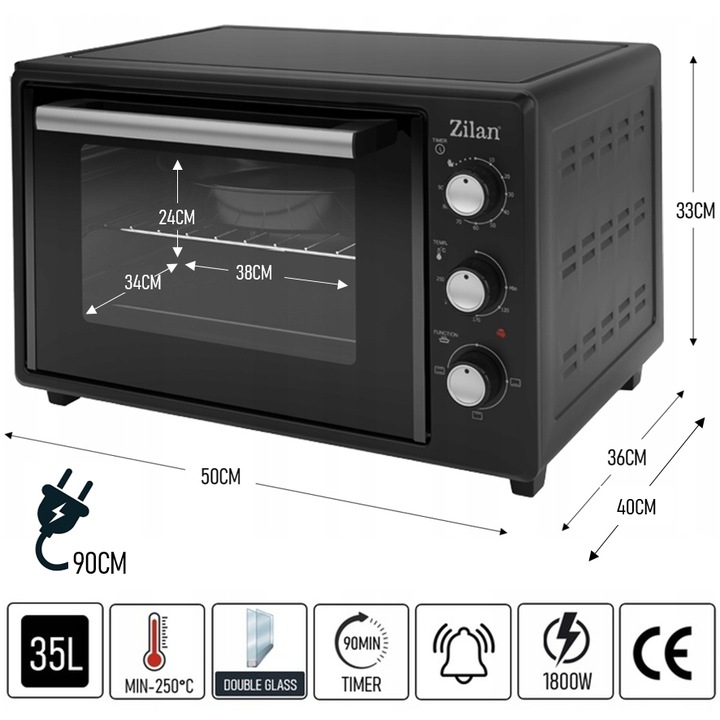 MINI PIEKARNIK ELEKTRYCZNY DOUBLE GLASS GRILL TIMER 35L 1800W