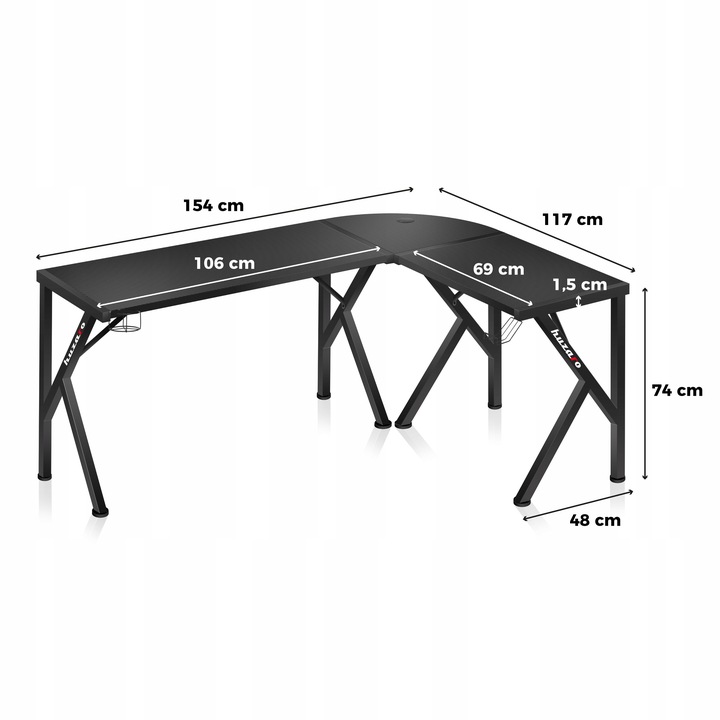 Biurko narożne gamingowe HUZARO czarne komputerowe młodzieżowe do