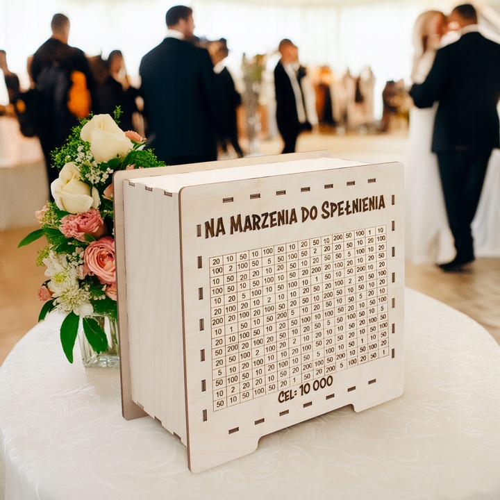 DREWNIANA SKARBONKA WYKREŚLANA PREZENT DOWOLNY NAPIS OSZCZĘDZANIE PIENIĘDZY