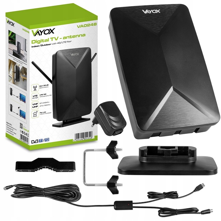 ANTENA AKTYWNA POKOJOWA WEWNĘTRZNA ZEWNĘTRZNA DVB-T2 TV NAZIEMNEJ 4K VAYOX