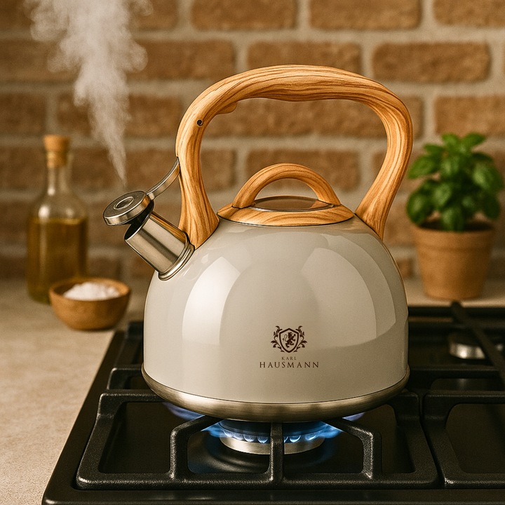 CZAJNIK STALOWY GAZ 3l SZARO KREMOWY z GWIZDKIEM DREWNIANA RĄCZKA