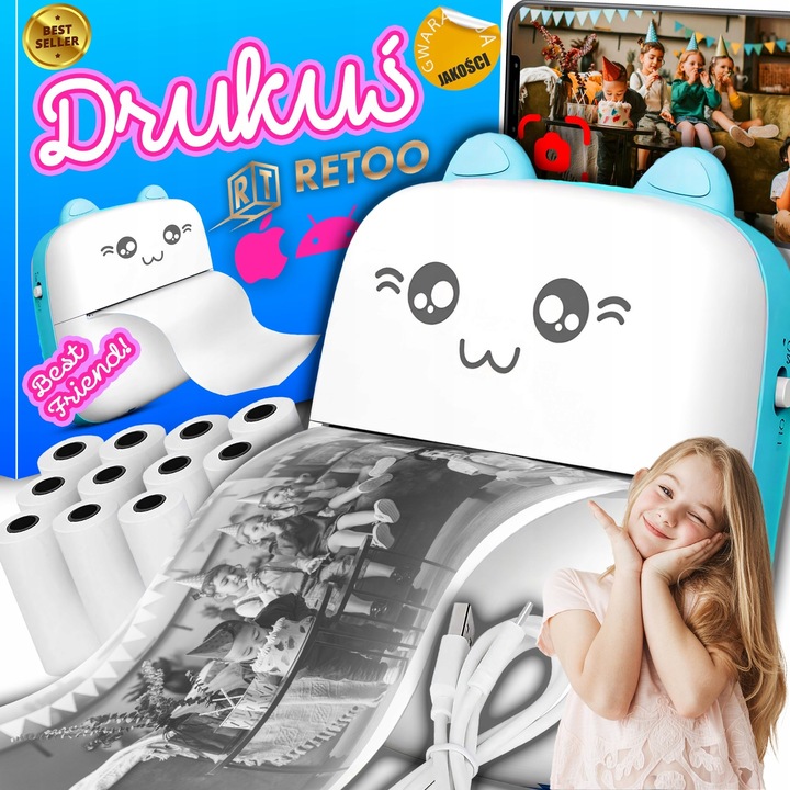 MINI DRUKARKA TERMICZNA DRUKUŚ ORYGINALNY PRZENOŚNA DO ZDJĘĆ KOTEK 11 ROLEK