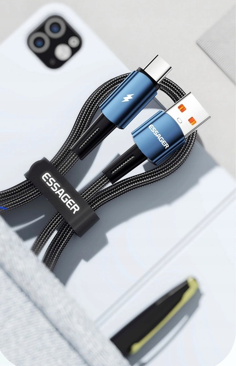 Kabel 2 metry czarny Essager USB A do USB-C 6A SZYBKIE ŁADOWANIE 120W 6A 2M