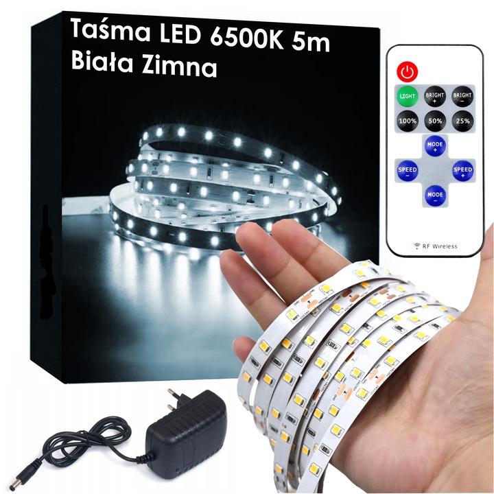 ZESTAW Taśma LED 6500K BIAŁA ZIMNA 5m - TAŚMA+ ZASILACZ+ PILOT+