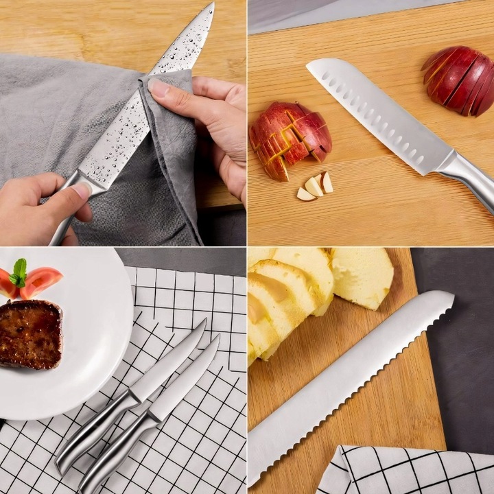 ZESTAW KOMPLET 16 NOŻY KUCHENNYCH STALOWYCH OSTRE W BLOKU STOJAK +