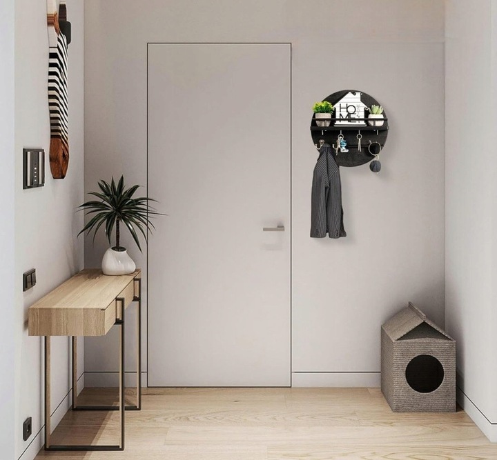 DREWNIANY WIESZAK ŚCIENNY NA KLUCZE KURTKI DO PRZEDPOKOJU PÓŁKA CZARNY