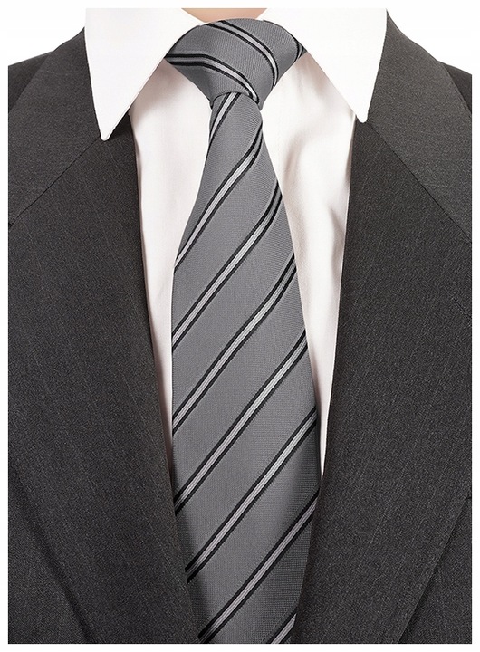 ŻAKARDOWY Krawat Męski w Paski Szary STALOWY RC03