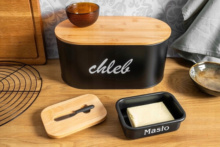 ZESTAW CHLEBAK METALOWY DESKA BAMBUSOWA + POJEMNIKI + MASELNICZKA Z NÓŻEM