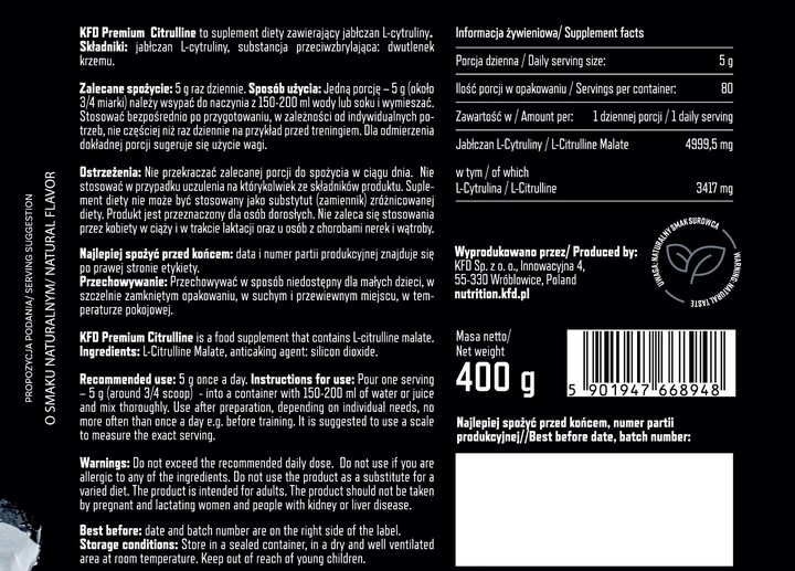 KFD Pure Citrulline Malate 400g Cytrulina