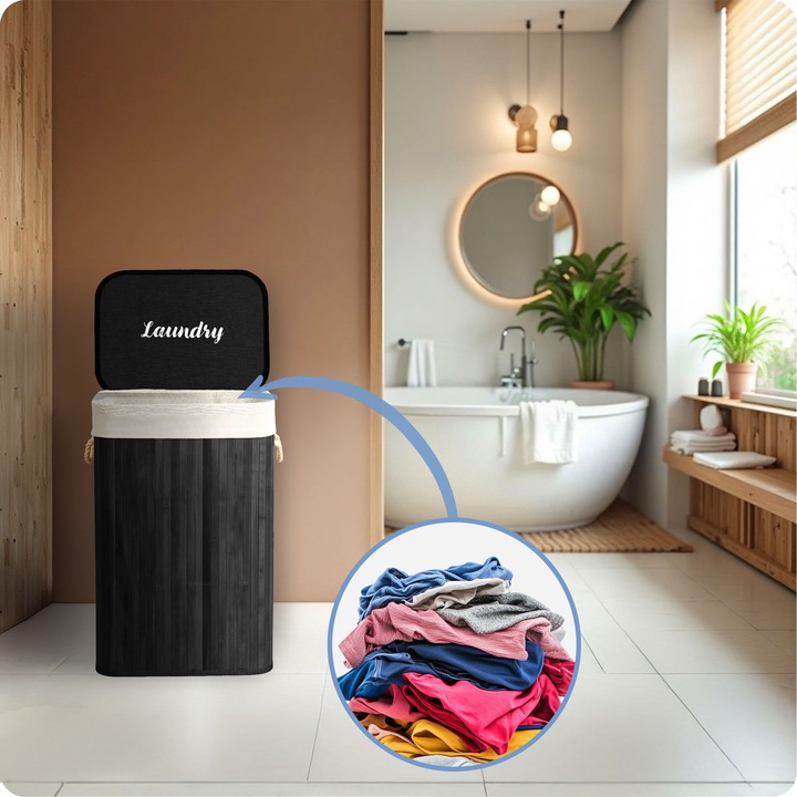 BAMBUSOWY KOSZ NA PRANIE BIELIZNĘ DUŻY POJEMNIK Z POKRYWĄ 72L