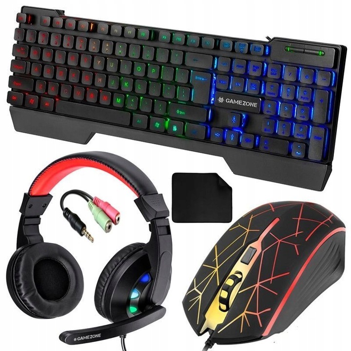 KLAWIATURA PODŚWIETLANA I MYSZ-KA SŁUCHAWKI PODKŁADKA ZESTAW DLA GRACZY 4w1