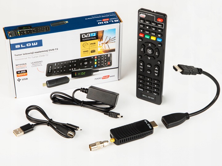 DEKODER TUNER TV DVB-T2 HEVC H.265 FULL HD MINI PILOT ANTENA 4x BATERIA AAA