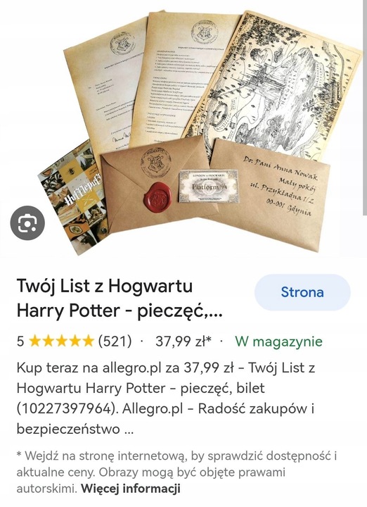 Twój List z Hogwartu Harry Potter - pieczęć, bilet