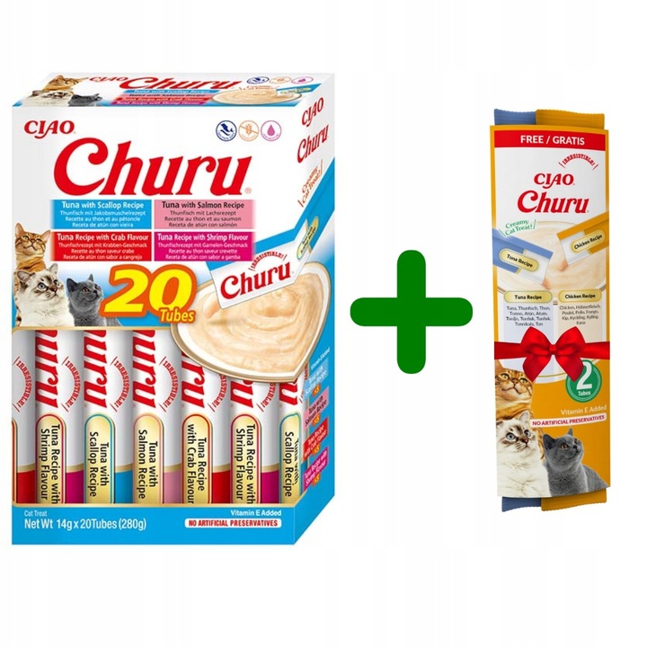 INABA CAT CHURU Przysmak dla KOTA tuńczyk owoce morza 20x14g+ 2x14g