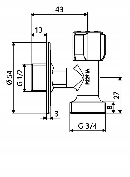ZAWÓR KĄTOWY KOMPAKTOWY PRZYŁĄCZENIOWY DO PRALKI ZMYWARKI 1/2" x 3/4" CHROM
