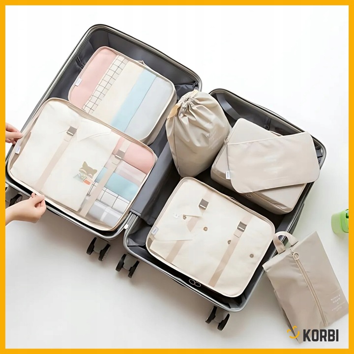 ZESTAW ORGANIZERÓW ORGANIZER PODRÓŻNY WALIZKI SZAFY UBRAŃ KOMPLET 8szt BEŻ