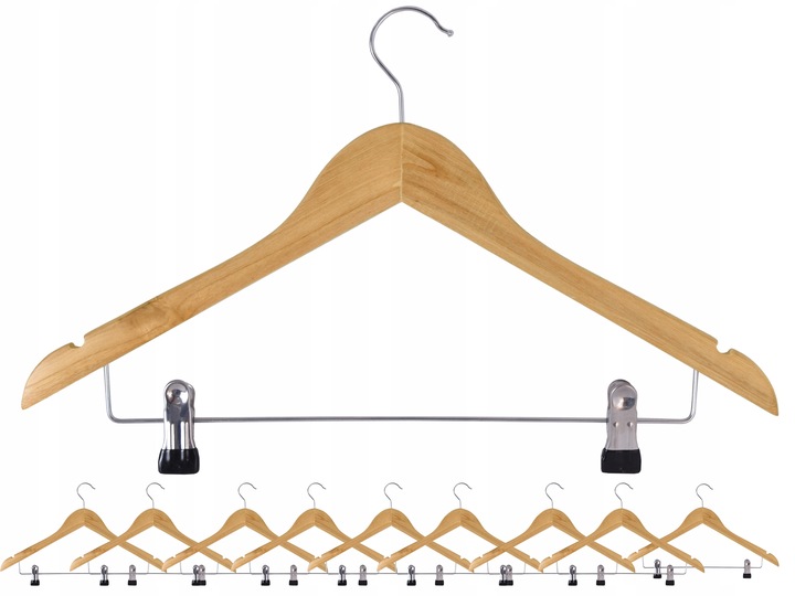 WIESZAKI DREWNIANE Z POPRZECZKĄ KLIPSAMI NA UBRANIA SPÓDNICZKĘ ZESTAW