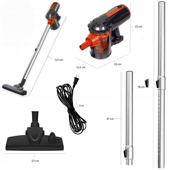 ODKURZACZ PIONOWY RĘCZNY CYKLONOWY BEZWORKOWY MOCNY 650W 5W1 PORĘCZNY