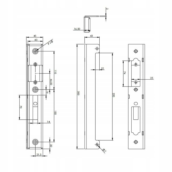 Kaseta elektrozaczepu do furtki , wąska 45 x 16,5 x 300 mm , antracyt