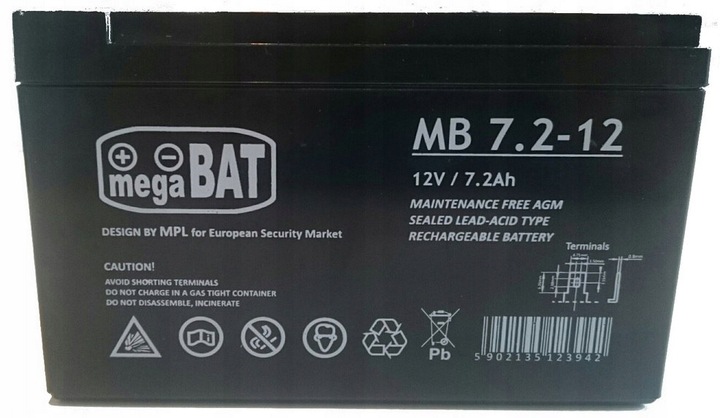 Akumulator VRLA MegaBat AGM 12V 7.2Ah MB 7.2-12 do alarmu