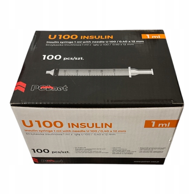 STRZYKAWKI DO INSULINY Z IGŁĄ INSULINÓWKI 1ML U-100 0,4 x 12 MM - 100 SZTUK