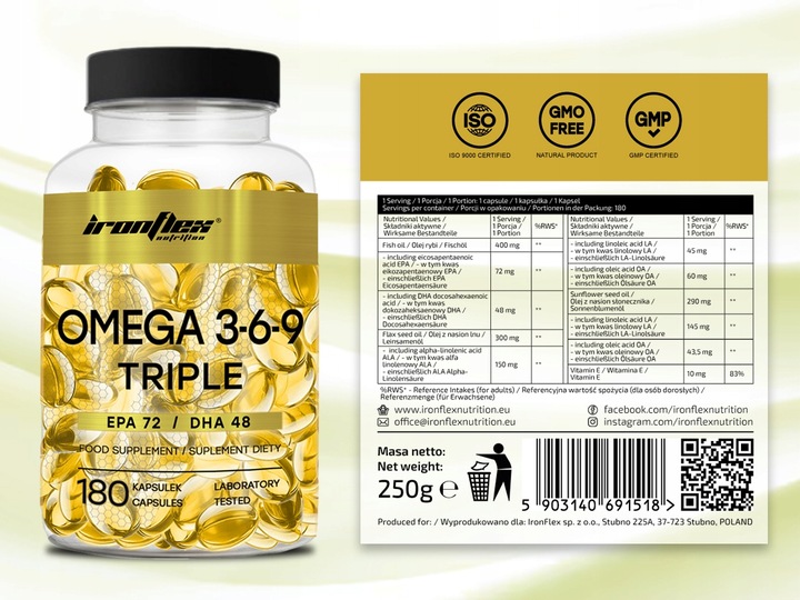 IRONFLEX OMEGA 3-6-9 TRIPLE 180 kaps KWASY TŁUSZCZOWE OLEJ RYBI + LNIANY