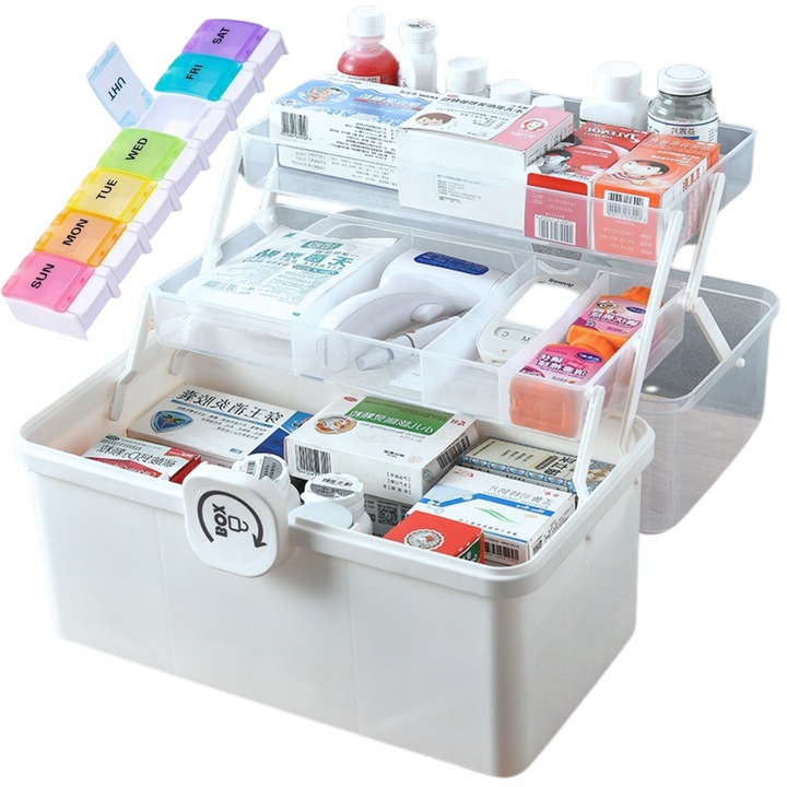 ORGANIZER POJEMNIK NA LEKI KASETKA APTECZKA 2 POZIOMY BLOKADA PRZED DZIEĆMI