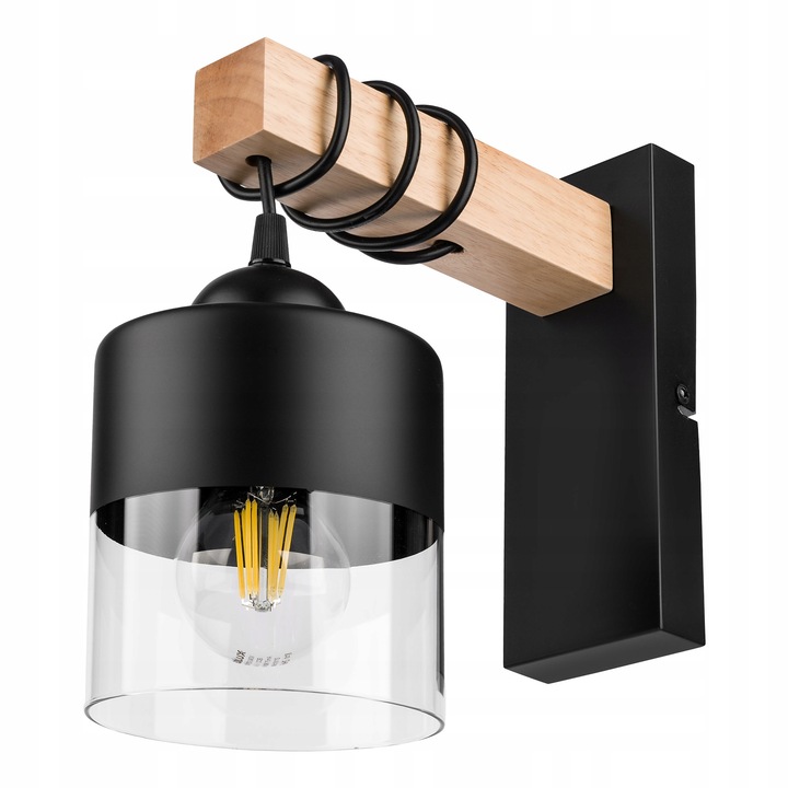 Kinkiet Czarny Lampa Ścienna Nowoczesna Loft Drewniana E27 LEDLUX 60W