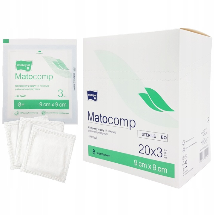 KOMPRESY GAZOWE 9x9cm STERYLNE PAKOWANE POJEDYNCZO JAŁOWE Matocomp 60 szt.