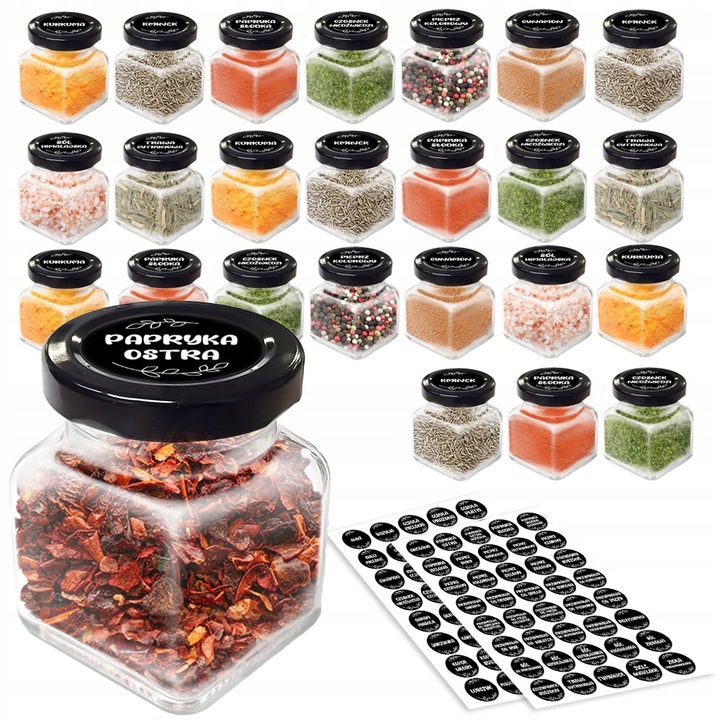 POJEMNIKI NA PRZYPRAWY x24 Szklany słoik 120ml + Etykiety Organizer Kol-Pol