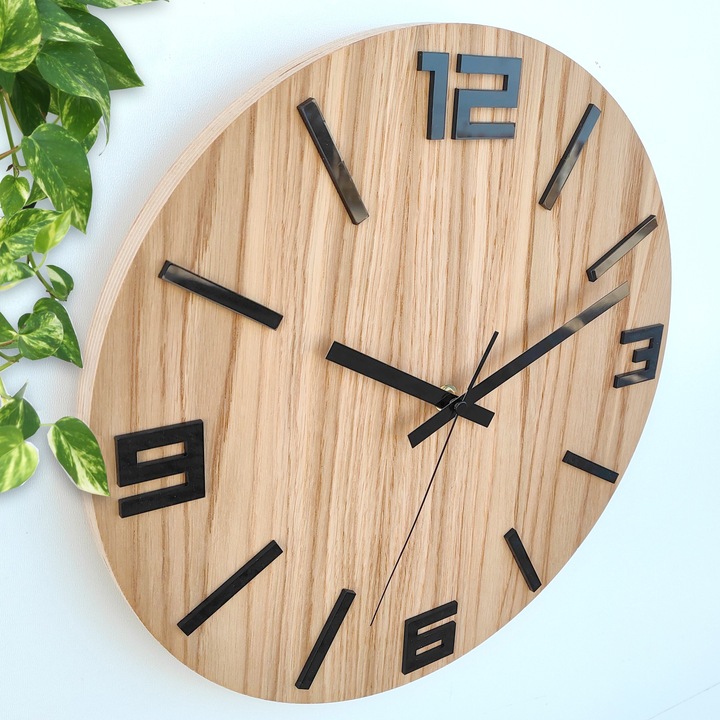 Zegar ścienny drewniany Dębowy ARABIK - 33 cm cichy, zegar do salonu