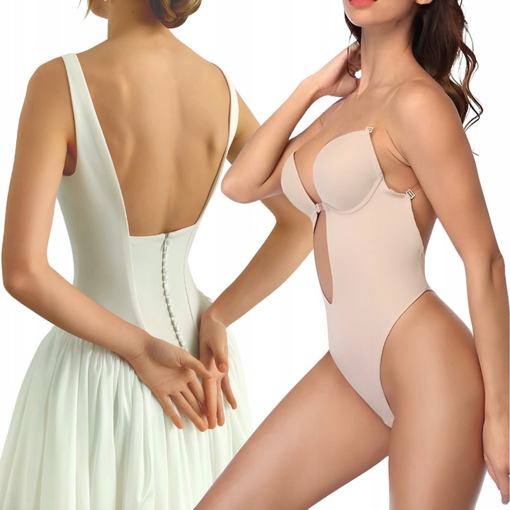 BODY DAMSKIE MODELUJĄCE BIUSTONOSZ BEŻOWY STRINGI SUKIENKI BEZ PLECÓW XL