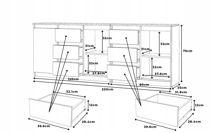 Komoda Antracyt/Wotan 6 szuflad 3 drzwi Duza Komoda 200 cm ZESTAW do